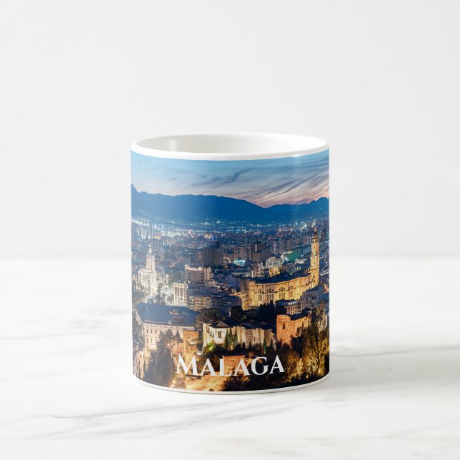 Night view of Malaga Cathedral in Malaga, Spain Coffee Mug (Center)