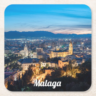 Night view of Malaga Cathedral in Malaga, Spain Square Paper Coaster