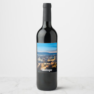 Night view of Malaga Cathedral in Malaga, Spain Wine Label
