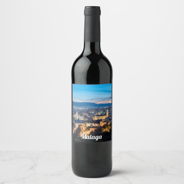 Night view of Malaga Cathedral in Malaga, Spain Wine Label (Front)