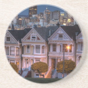 Night view of 'painted ladies' houses coaster