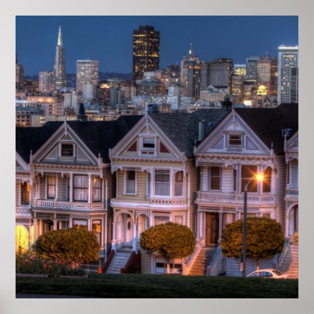 Night view of 'painted ladies'  houses poster (Front)