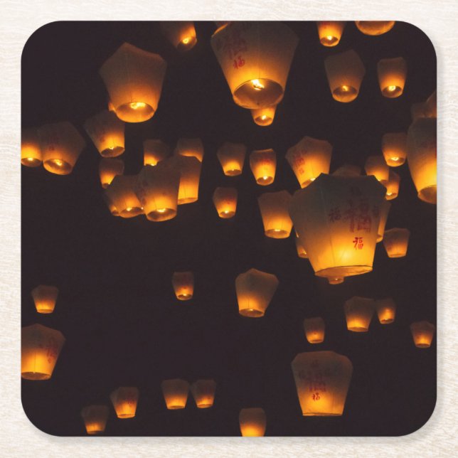 Night View of Sky Lanterns Square Paper Coaster (Front)