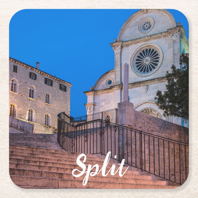 Night view of stairs and church in Split, Croatia Square Paper Coaster (Front)