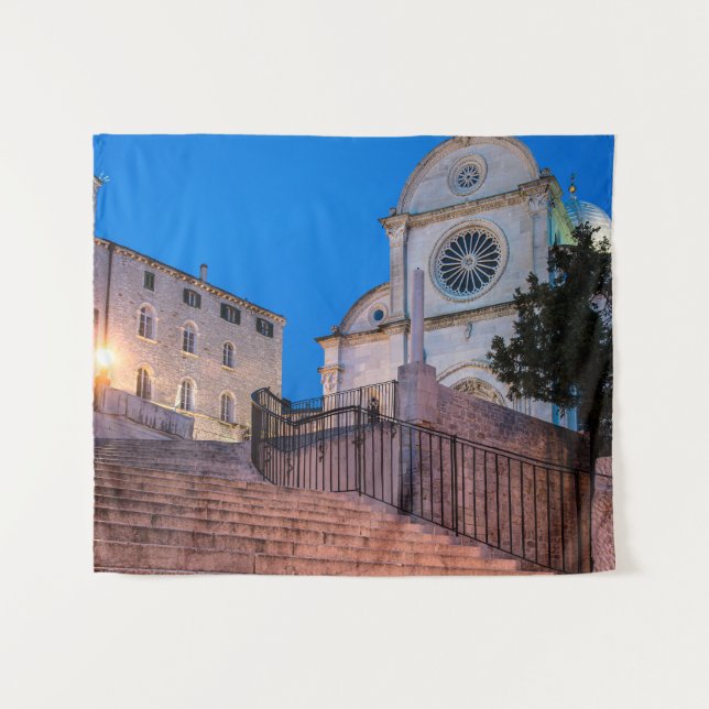 Night view of stairs and church in Split, Croatia Tapestry (Front (Horizontal))