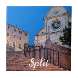 Night view of stairs and church in Split, Croatia Tile