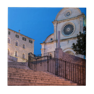 Night view of stairs and church in Split, Croatia Tile