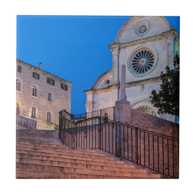 Night view of stairs and church in Split, Croatia Tile (Front)