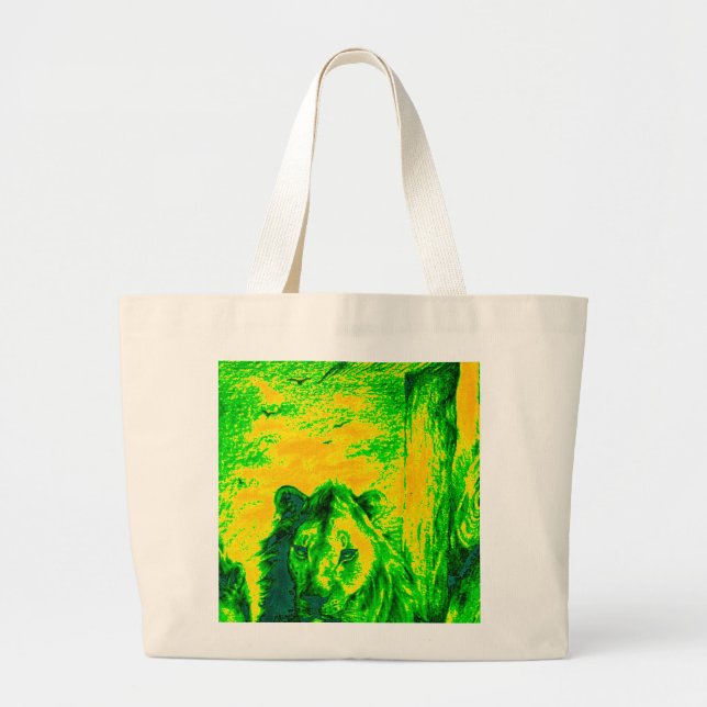 Night Vision Lion Art Fluorescent Print Large Tote Bag (Front)