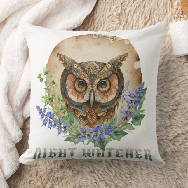 Night Watcher Boho Owl Illustration Cushion (Blanket)