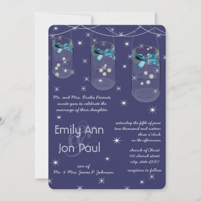 Night Wedding Navy Aqua Yellow Flower Mason Jar Invitation (Front)