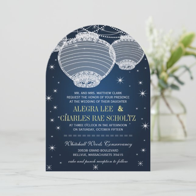 Night Wedding Navy Paper Lanterns Under the Stars Invitation (Standing Front)