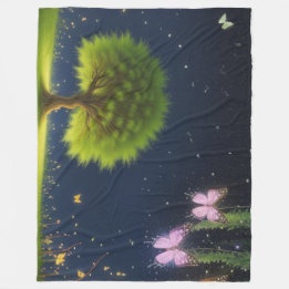 Night Willow Tree w/butterflies and fireflies Fleece Blanket