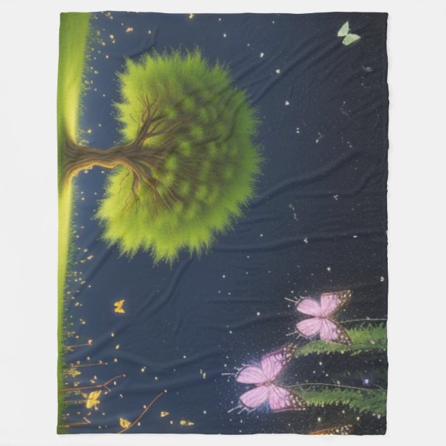 Night Willow Tree w/butterflies and fireflies Fleece Blanket (Front)