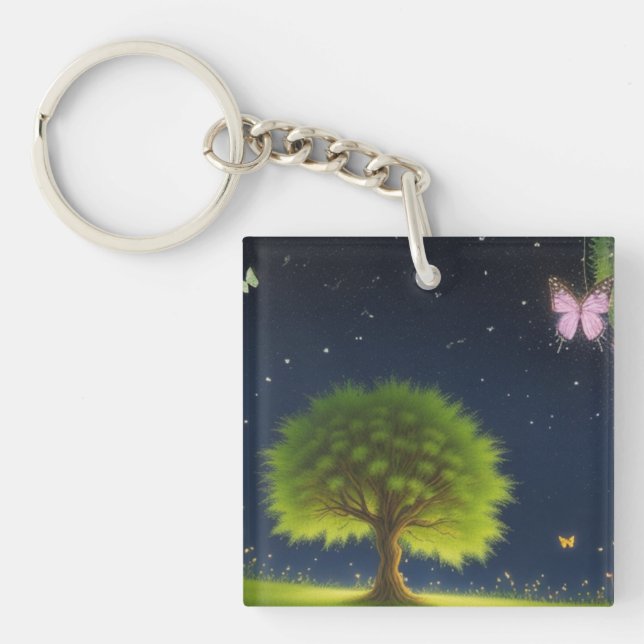 Night Willow Tree w/butterflies and fireflies Key Ring (Front)