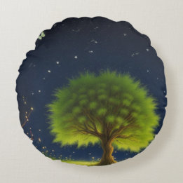 Night Willow Tree w/butterflies and fireflies Round Cushion