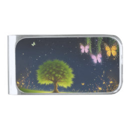 Night Willow Tree w/butterflies and fireflies Silver Finish Money Clip