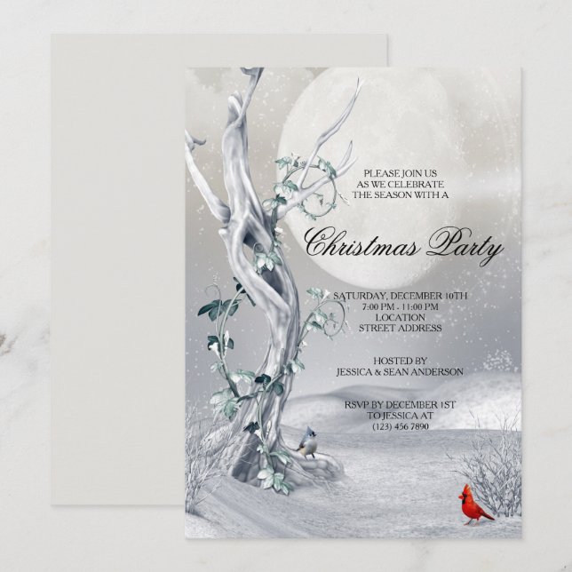 Night Winter Scenery & Cardinals Christmas Party Invitation (Front/Back)