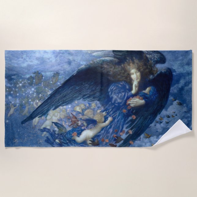 Night with her Train of Stars (Angel with Cherubs) Beach Towel (Front)