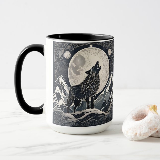 Night Wolf Howl – Moonlight & Forest Esthetic Mug (With Donut)
