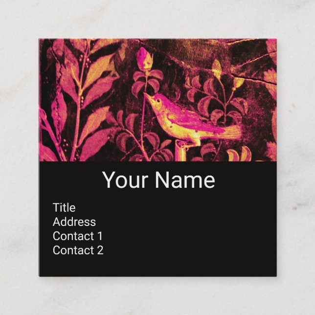 NIGHTINGALE AND ROSES MONOGRAM Pink Black Floral Square Business Card (Front)