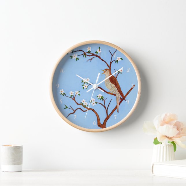 Nightingale Bird Wall Clock Wood Frame (Home)