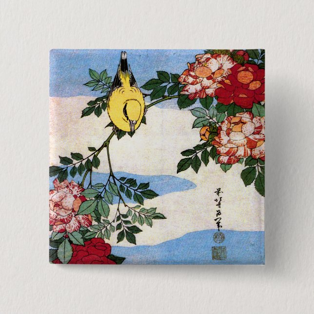 Nightingale & Roses Hokusai Japanese Fine Art 15 Cm Square Badge (Front)