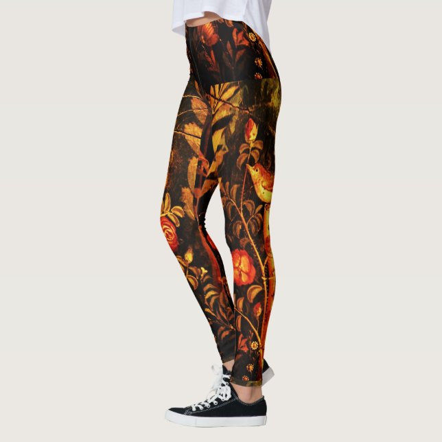 NIGHTINGALE,ROSES Red Yellow Leaves Black Floral Leggings (Left)