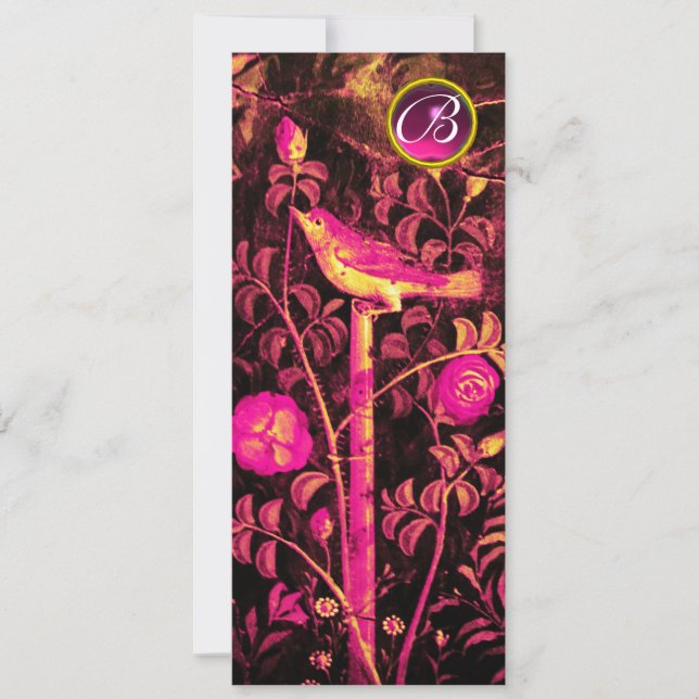 NIGHTINGALE WITH ROSES MONOGRAM, Pink Black Gold Invitation (Front)