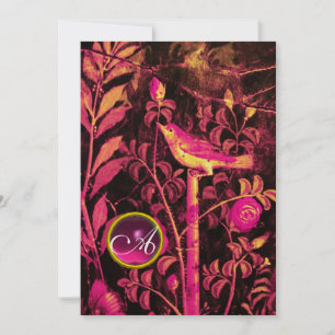 NIGHTINGALE WITH ROSES MONOGRAM, Pink Black Gold Invitation