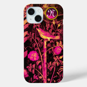 NIGHTINGALE WITH ROSES MONOGRAM, Pink Black Yellow iPhone 15 Case