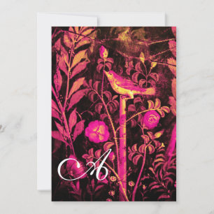 NIGHTINGALE WITH ROSES MONOGRAM,Pink Black Yellow Invitation