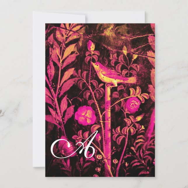 NIGHTINGALE WITH ROSES MONOGRAM,Pink Black Yellow Invitation (Front)