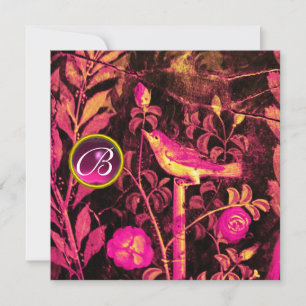 NIGHTINGALE WITH ROSES MONOGRAM, Pink Black Yellow Invitation