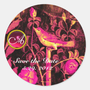 NIGHTINGALE WITH ROSES MONOGRAM Pink Yellow Black Classic Round Sticker