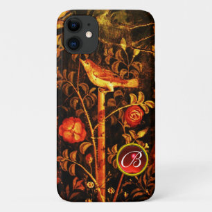 NIGHTINGALE WITH ROSES MONOGRAM, Red Black Yellow iPhone 11 Case