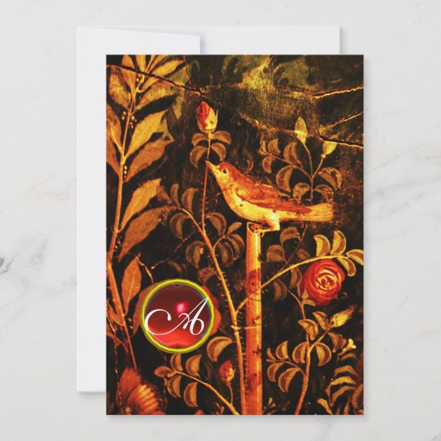 NIGHTINGALE WITH ROSES MONOGRAM, Red Black Yellow Invitation (Front)