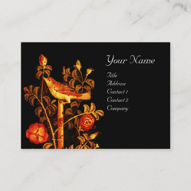 NIGHTINGALE WITH ROSES MONOGRAM , Red Yellow Black Business Card (Front)