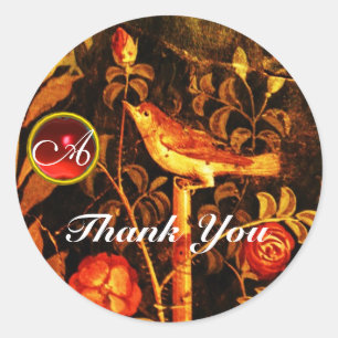 NIGHTINGALE WITH ROSES MONOGRAM Red Yellow Black Classic Round Sticker
