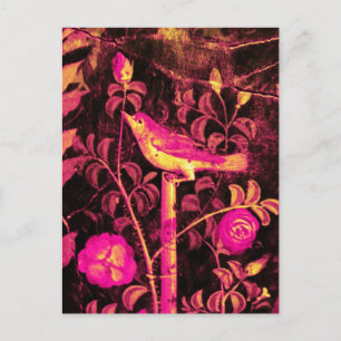 NIGHTINGALE WITH ROSES ,Pink Fuchsia Black Yellow Postcard