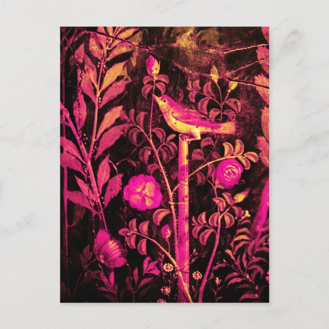 NIGHTINGALE WITH ROSES ,Pink Fuchsia Black Yellow Postcard (Front)