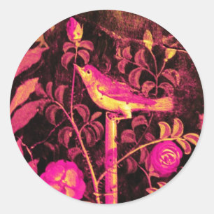 NIGHTINGALE WITH ROSES Pink Fuchsia Yellow Black Classic Round Sticker