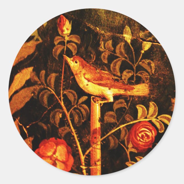 NIGHTINGALE WITH ROSES Red Yellow Black Classic Round Sticker (Front)