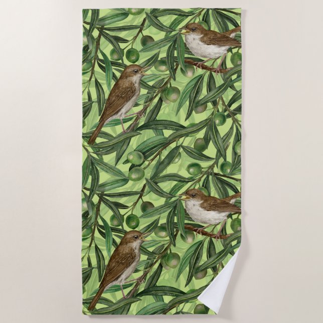 Nightingales in the olive tree 2 beach towel (Front)