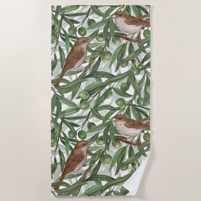 Nightingales in the olive tree beach towel (Front)