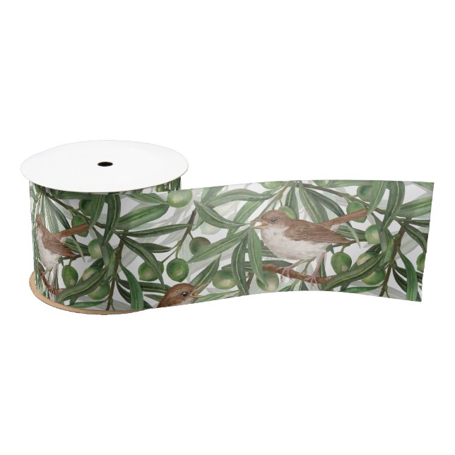 Nightingales in the olive tree satin ribbon (Spool)