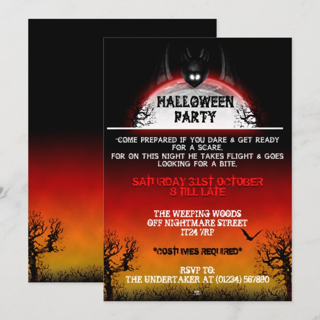Nightmare Bat Halloween Invitations (Sunset) (Front/Back)