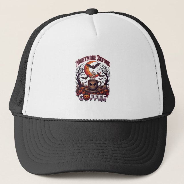 Nightmare Before Coffee Halloween Skull Mug Ghost  Trucker Hat (Front)