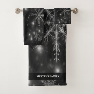 Nighttime Black & Grey Snowflakes Holidays Name Bath Towel Set