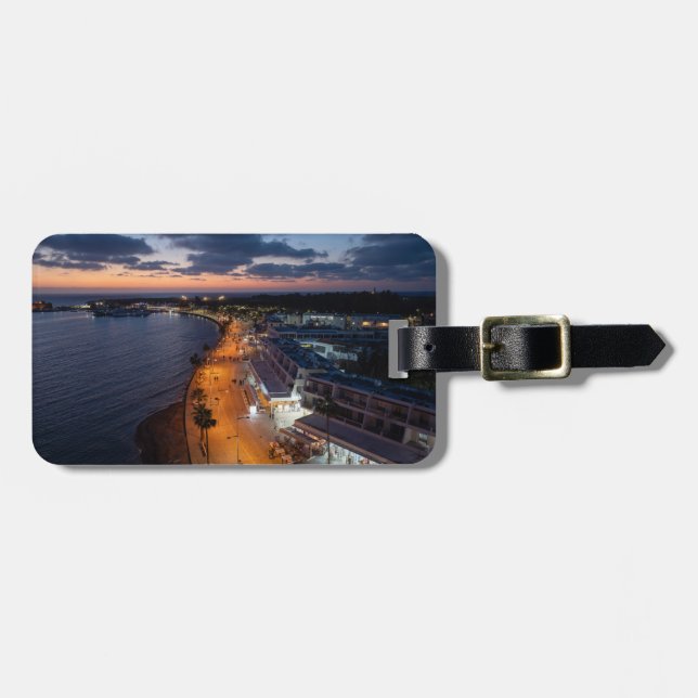 Nighttime drone view of Paphos Harbour Luggage Tag (Front Horizontal)